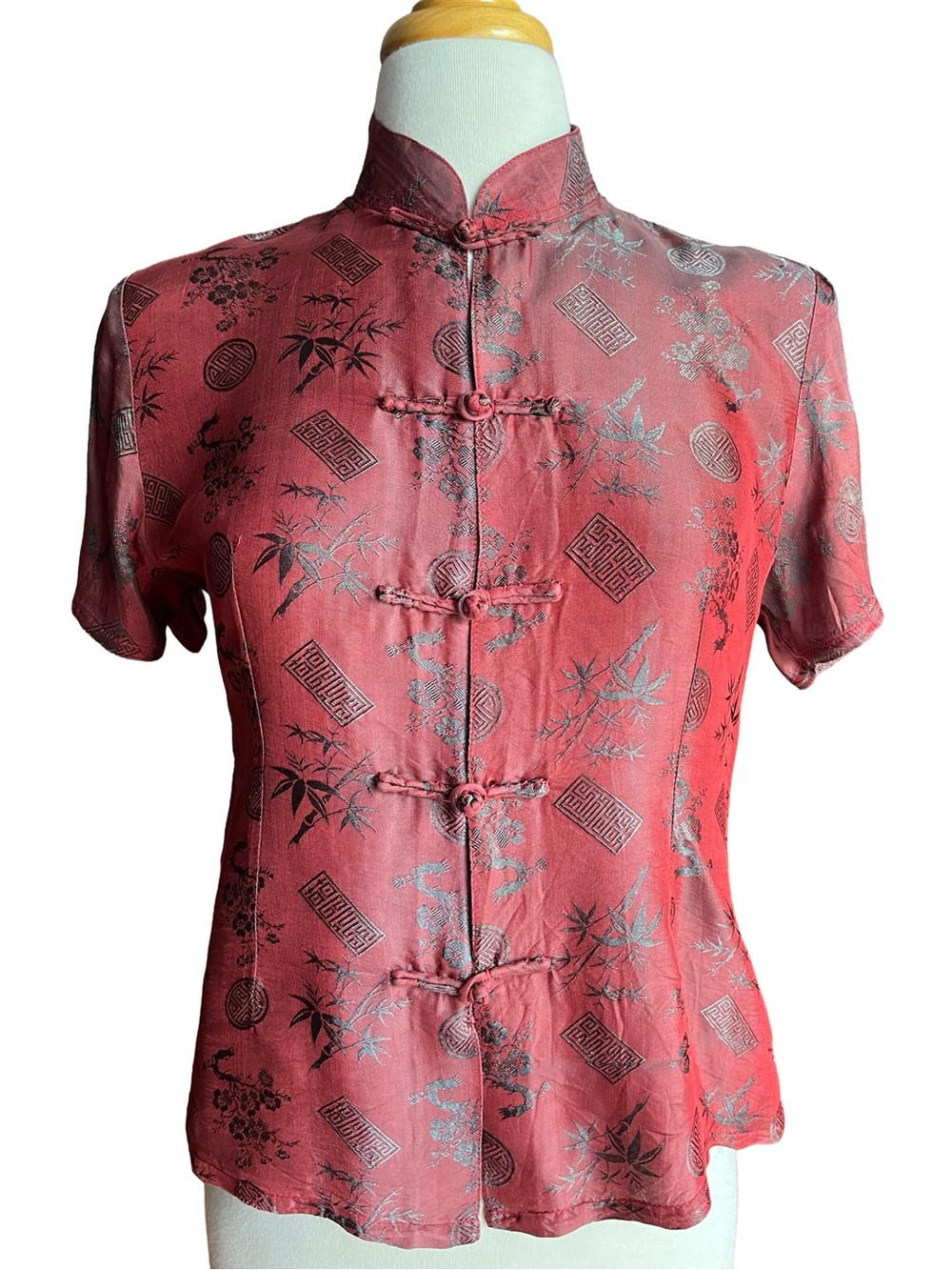 Vintage Chinese 100% Silk Brocade Mandarin Collar Top M